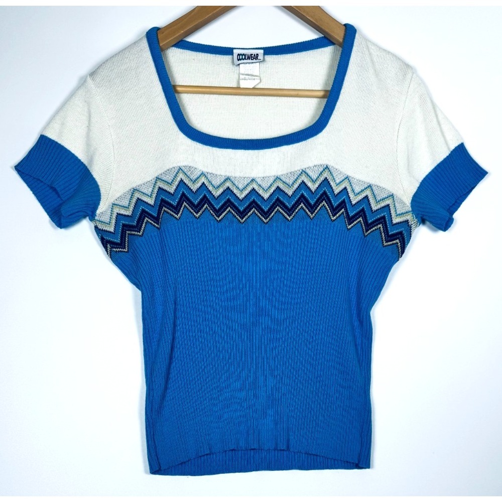 Vintage 90s Y2K Coolwear Knit Top Large Blue White Chevron Square Neck USA Made
